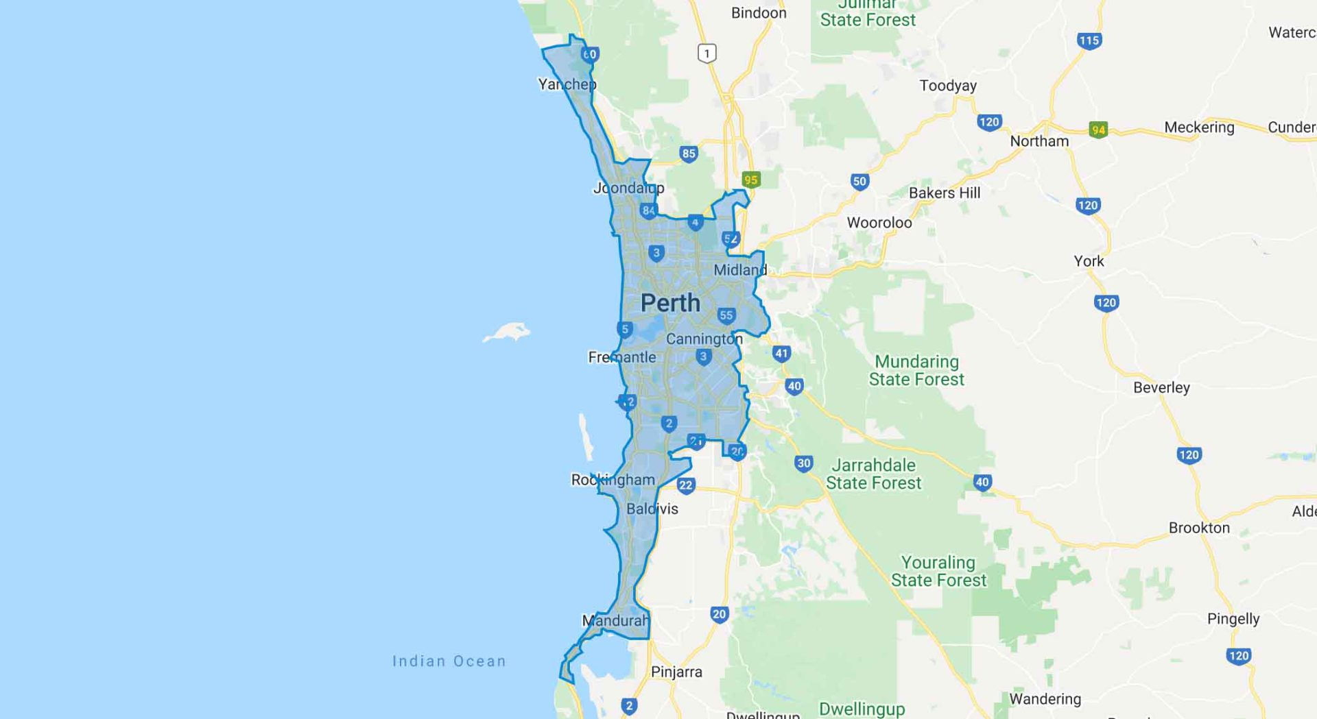 Perth Home GP service area map covering Perth, Rockingham and Mandurah.