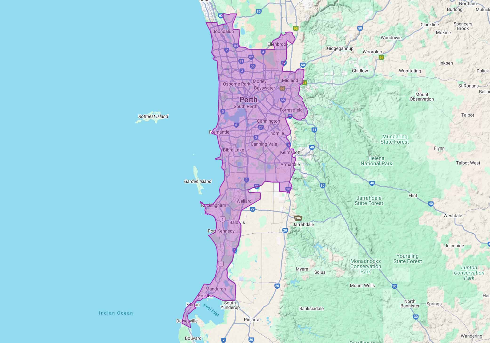 Map showing Perth Home GP service area covering Perth, Rockingham, and Mandurah